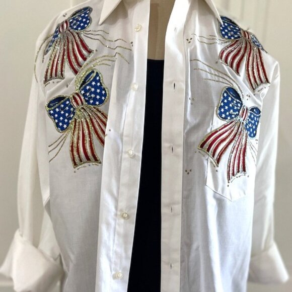 Womens USA Patriotic White Button-Up S / M US Flag Handcraft Vintage Y2K Western - Picture 1 of 15